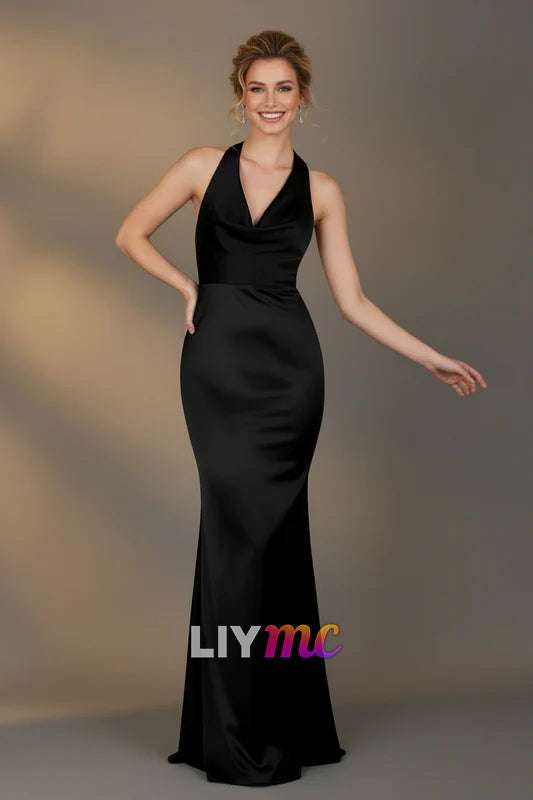 Satin Cowl Plunge Halter neck fitted silhouette Mermaid Prom Dresss