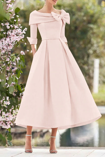 A Line Cowl Neck 3/4 Sleeves Tea Length Elegant Mother Dresses CM0348