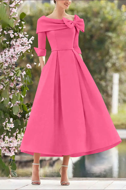 A Line Cowl Neck 3/4 Sleeves Tea Length Elegant Mother Dresses CM0348