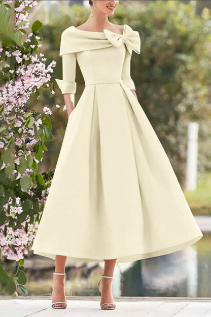 A Line Cowl Neck 3/4 Sleeves Tea Length Elegant Mother Dresses CM0348