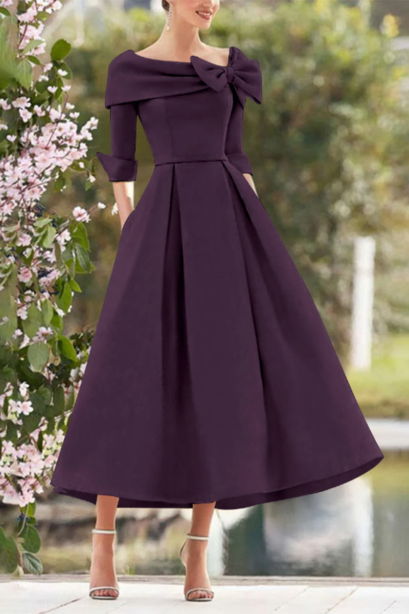 A Line Cowl Neck 3/4 Sleeves Tea Length Elegant Mother Dresses CM0348