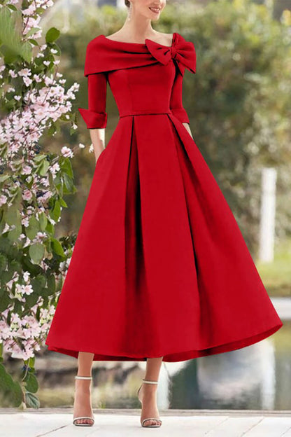 A Line Cowl Neck 3/4 Sleeves Tea Length Elegant Mother Dresses CM0348