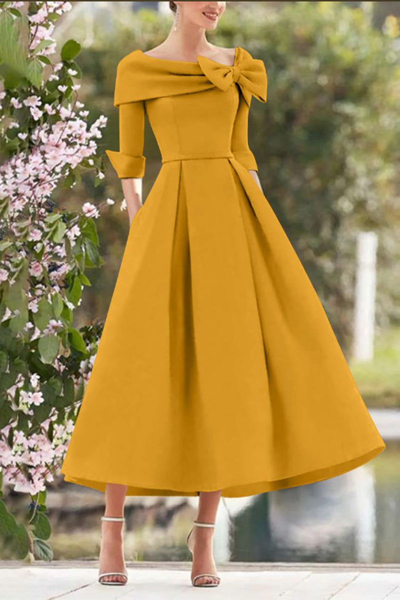 A Line Cowl Neck 3/4 Sleeves Tea Length Elegant Mother Dresses CM0348