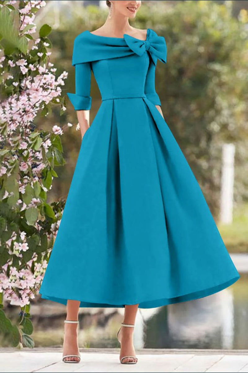 A Line Cowl Neck 3/4 Sleeves Tea Length Elegant Mother Dresses CM0348