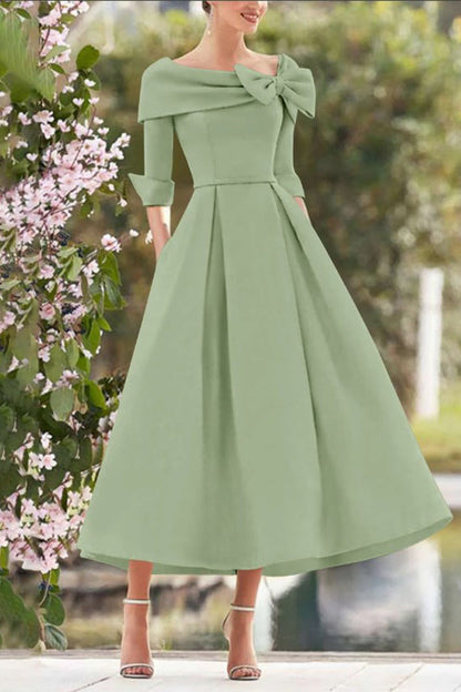 A Line Cowl Neck 3/4 Sleeves Tea Length Elegant Mother Dresses CM0348