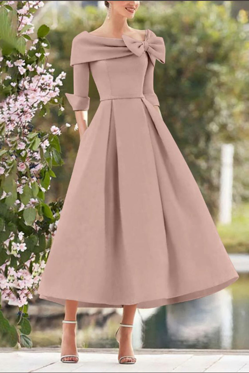 A Line Cowl Neck 3/4 Sleeves Tea Length Elegant Mother Dresses CM0348