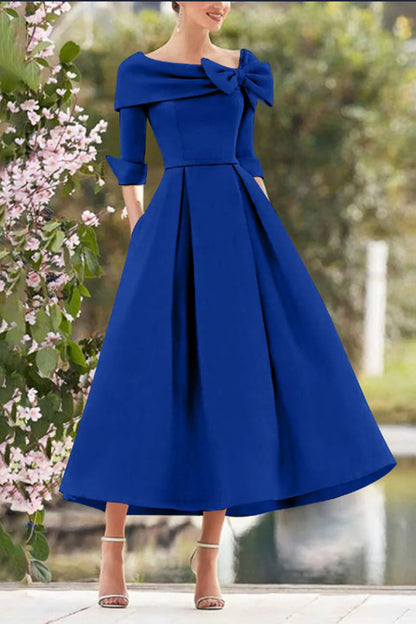 A Line Cowl Neck 3/4 Sleeves Tea Length Elegant Mother Dresses CM0348