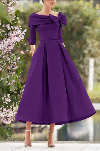 A Line Cowl Neck 3/4 Sleeves Tea Length Elegant Mother Dresses CM0348