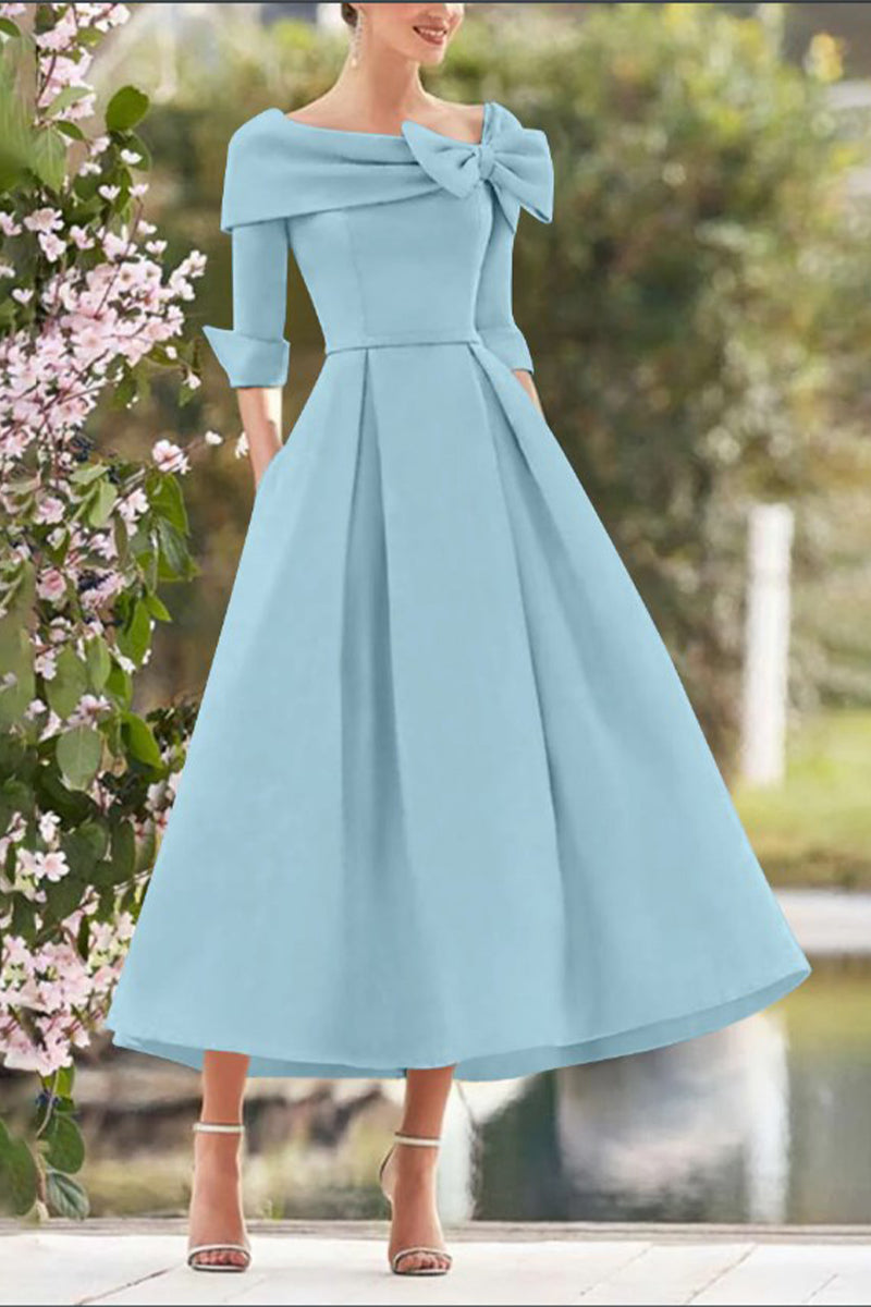 A Line Cowl Neck 3/4 Sleeves Tea Length Elegant Mother Dresses CM0348