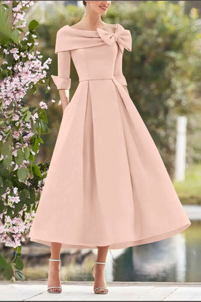 A Line Cowl Neck 3/4 Sleeves Tea Length Elegant Mother Dresses CM0348