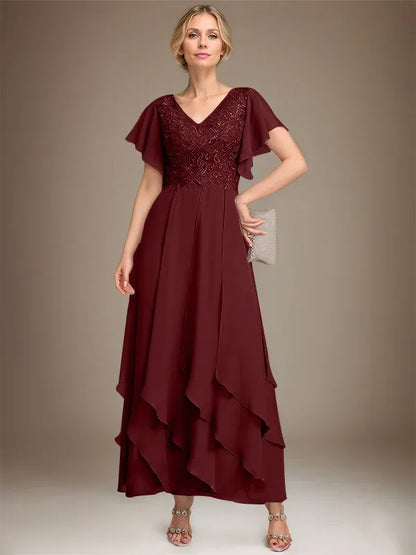 A-line V-Neck Ankle-Length Lace Chiffon Mother of the Bride Dress With Cascading Ruffles