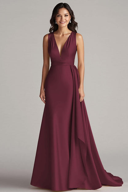Champagne Satin V-Neck Mermaid Long Formal Dress