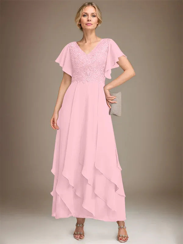 A-line V-Neck Ankle-Length Lace Chiffon Mother of the Bride Dress With Cascading Ruffles