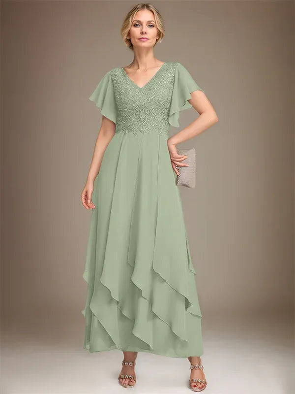A-line V-Neck Ankle-Length Lace Chiffon Mother of the Bride Dress With Cascading Ruffles