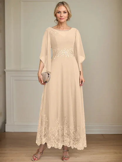 A-line Scoop Illusion Ankle-Length Lace Chiffon Mother of the Bride Dress With Sequins