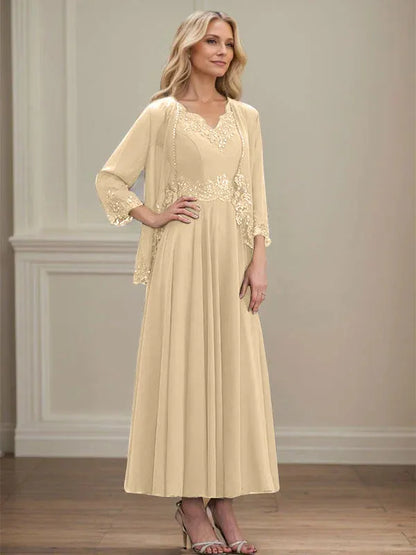 A-line V-Neck Ankle-Length Chiffon Mother of the Bride Dress With Sequins Appliques Lace Beading