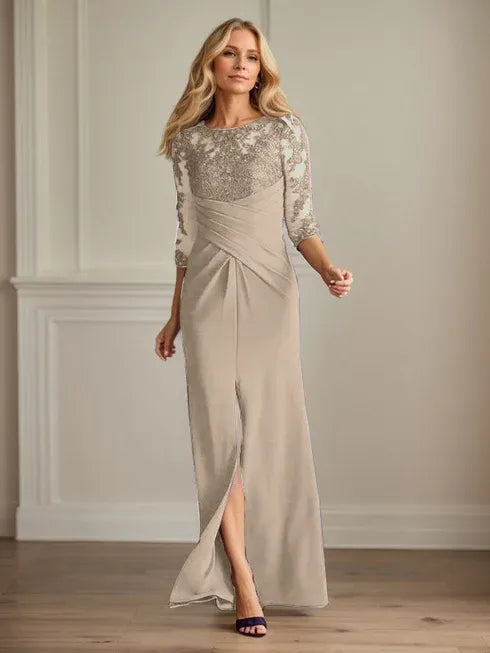 Scoop Long Sleeves Appliques Sheath Prom Dress