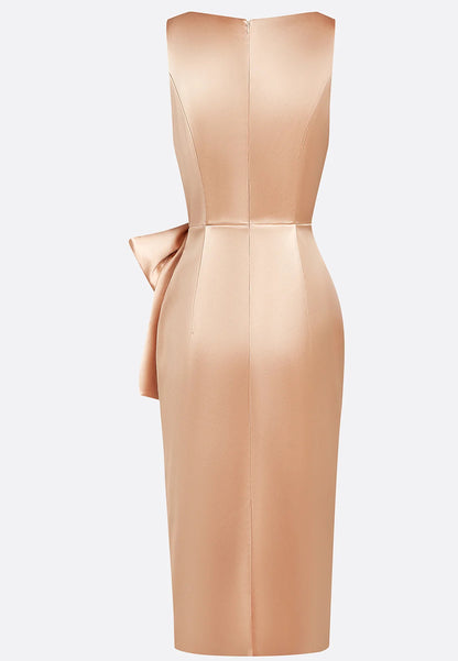 Champagne Hotfix Embellished Bow Satin Square Neck Sleeveless Sheath Midi Dress