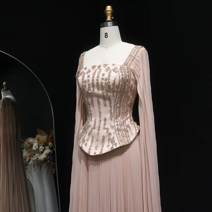 Luxury Red Beaded Corset Flowing Cape Sleeves Evening Dress