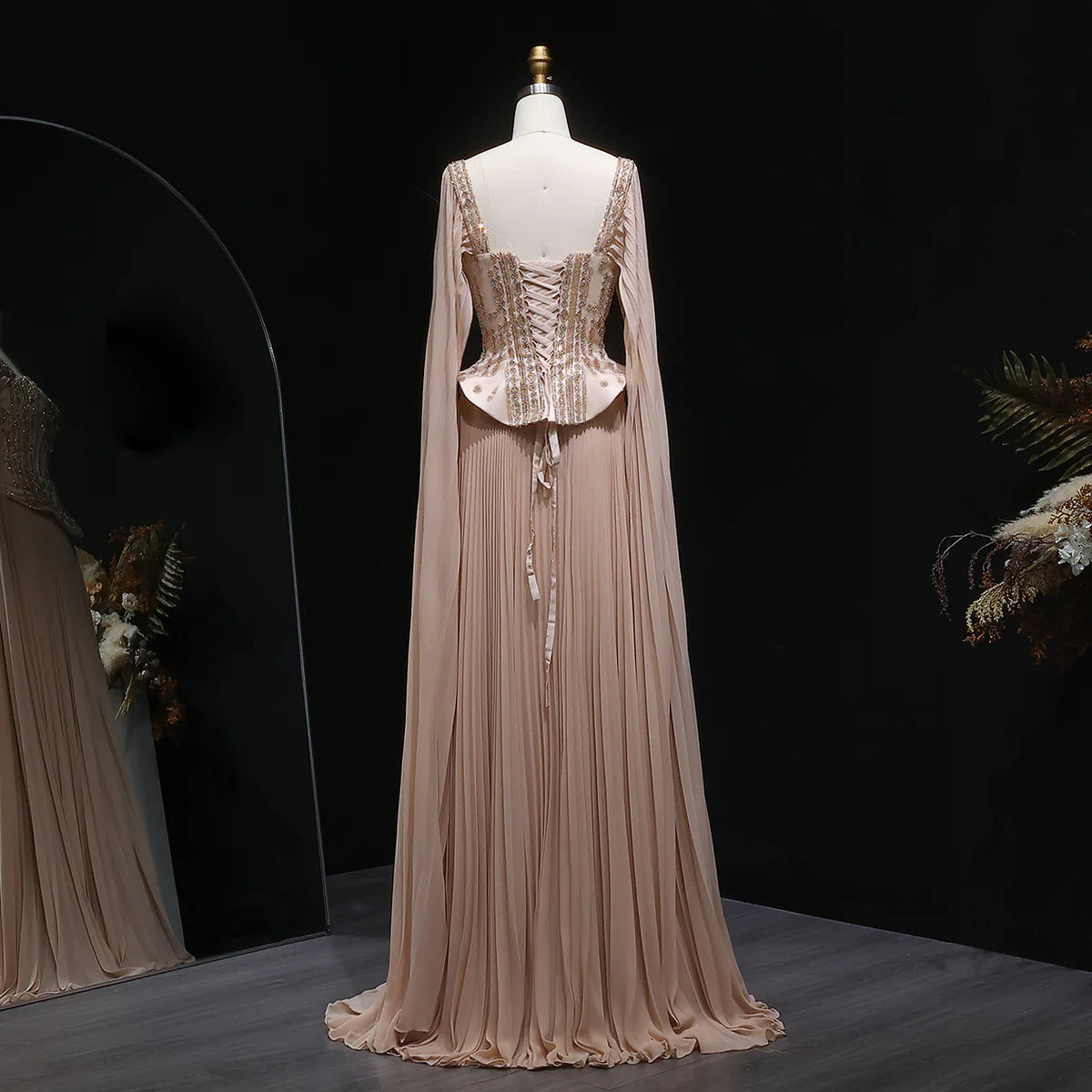 Luxury Red Beaded Corset Flowing Cape Sleeves Evening Dress