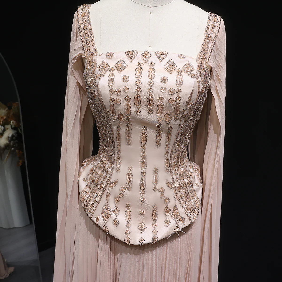 Luxury Red Beaded Corset Flowing Cape Sleeves Evening Dress