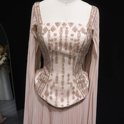 Luxury Red Beaded Corset Flowing Cape Sleeves Evening Dress