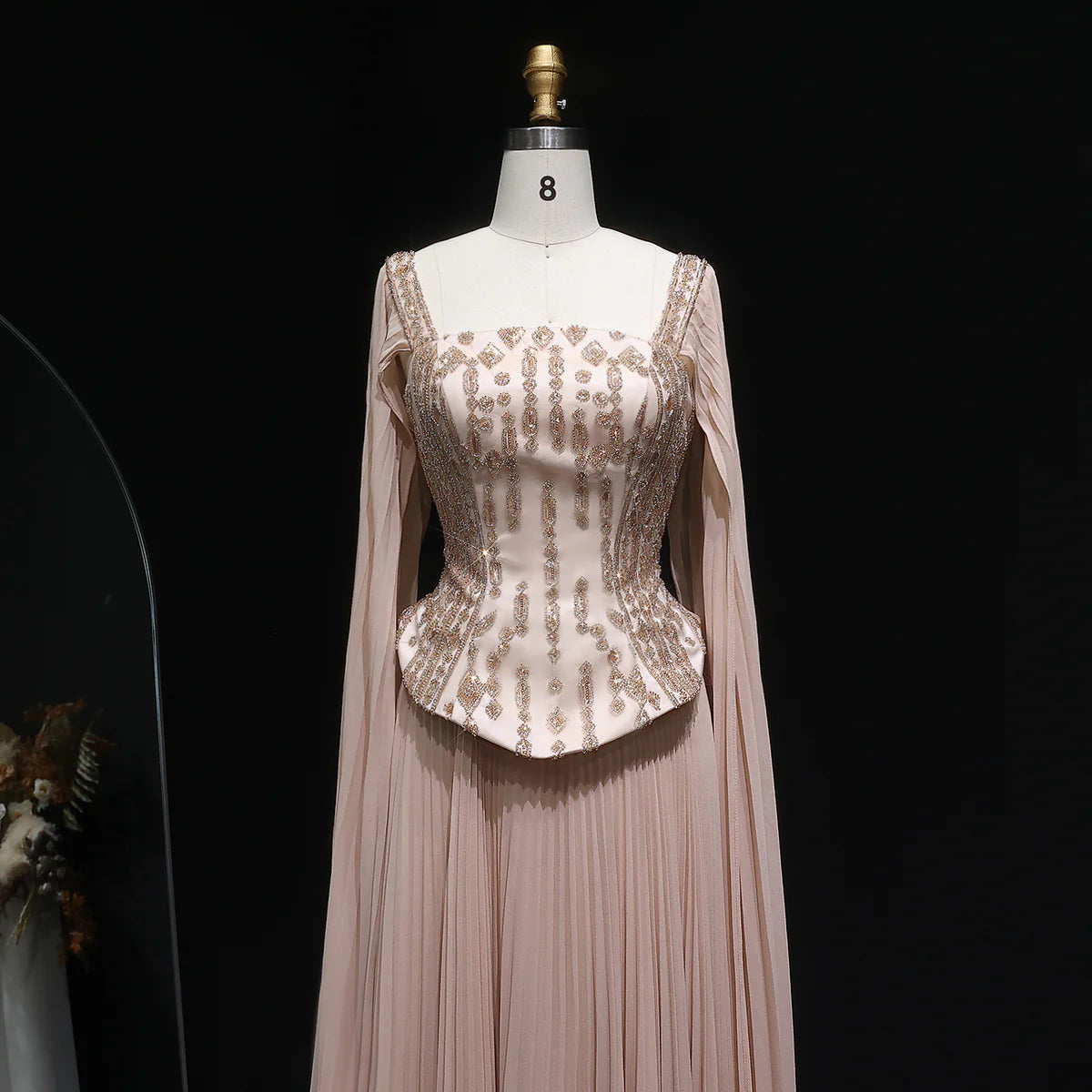 Luxury Red Beaded Corset Flowing Cape Sleeves Evening Dress