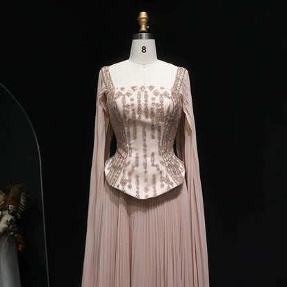 Luxury Red Beaded Corset Flowing Cape Sleeves Evening Dress