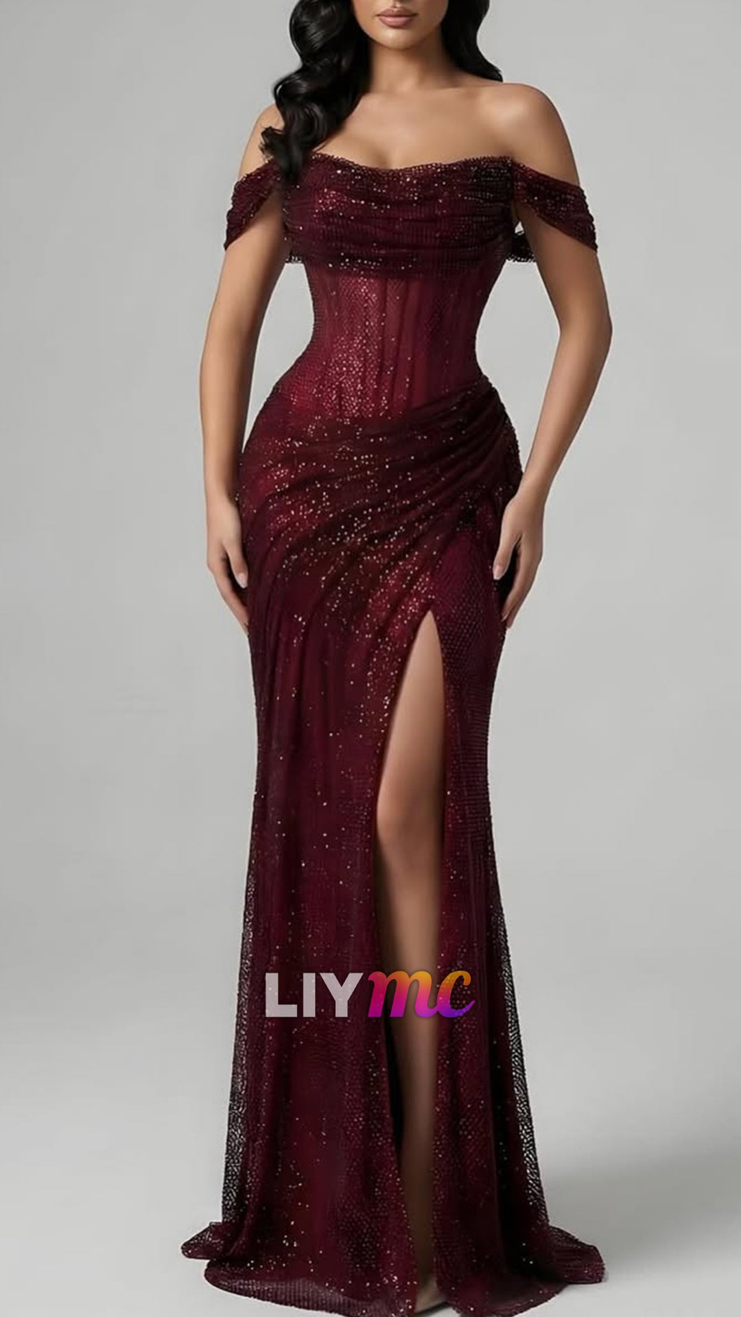 Charming Burgundy Off-The-Shoulder Pleated Split Prom Dress