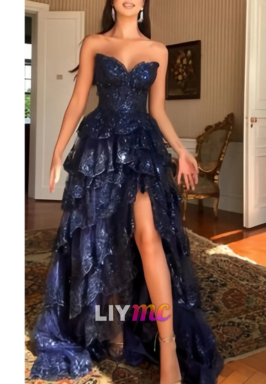 Charming Navy Blue Lace Ruffle Prom Dresses Long Evening Party Gown