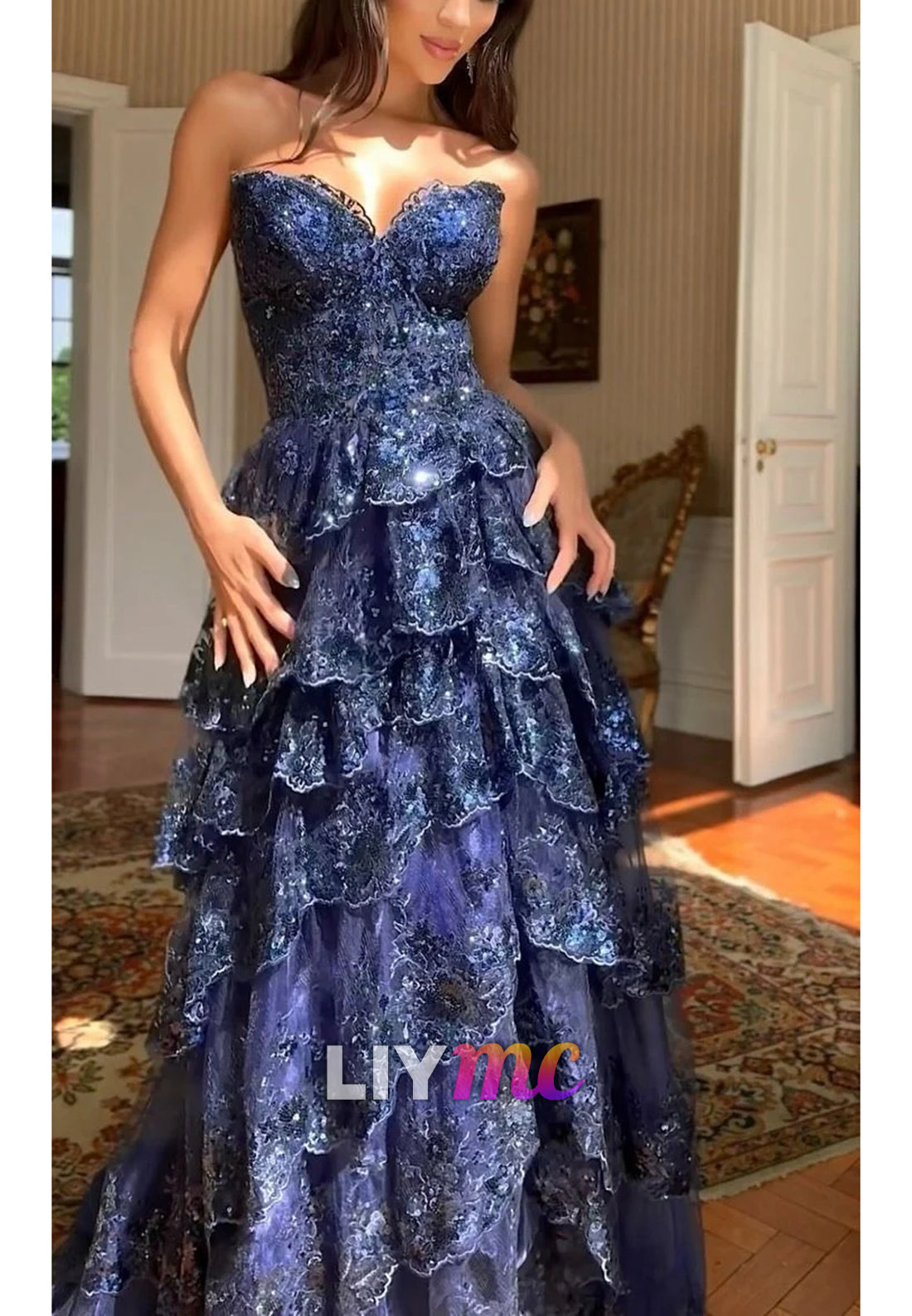 Charming Navy Blue Lace Ruffle Prom Dresses Long Evening Party Gown