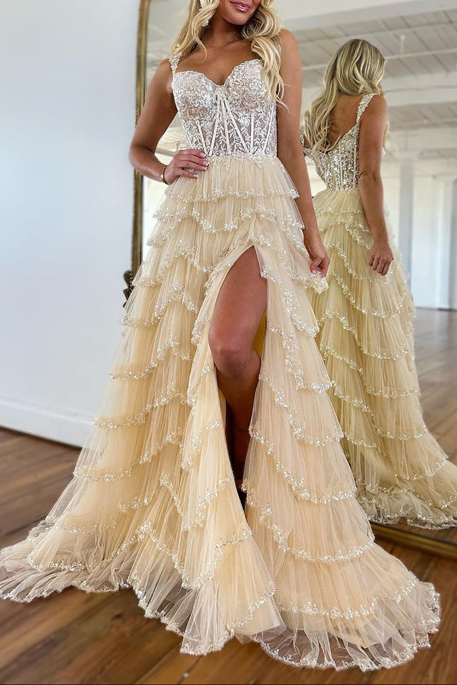 Charming Off The Shoulder A-Line Long Tiered Prom Dress With Sequin