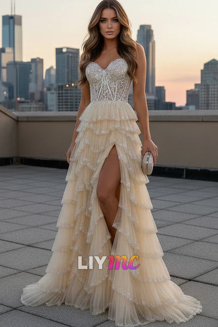 Charming Off The Shoulder A-Line Long Tiered Prom Dress With Sequin