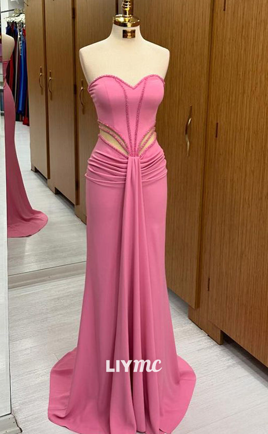 LP1340 - Cute Mermaid Colum  Strapless Pink Ruched Long Party Prom Dress