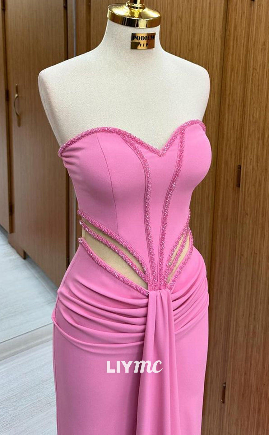 LP1340 - Cute Mermaid Colum  Strapless Pink Ruched Long Party Prom Dress