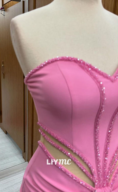 LP1340 - Cute Mermaid Colum  Strapless Pink Ruched Long Party Prom Dress