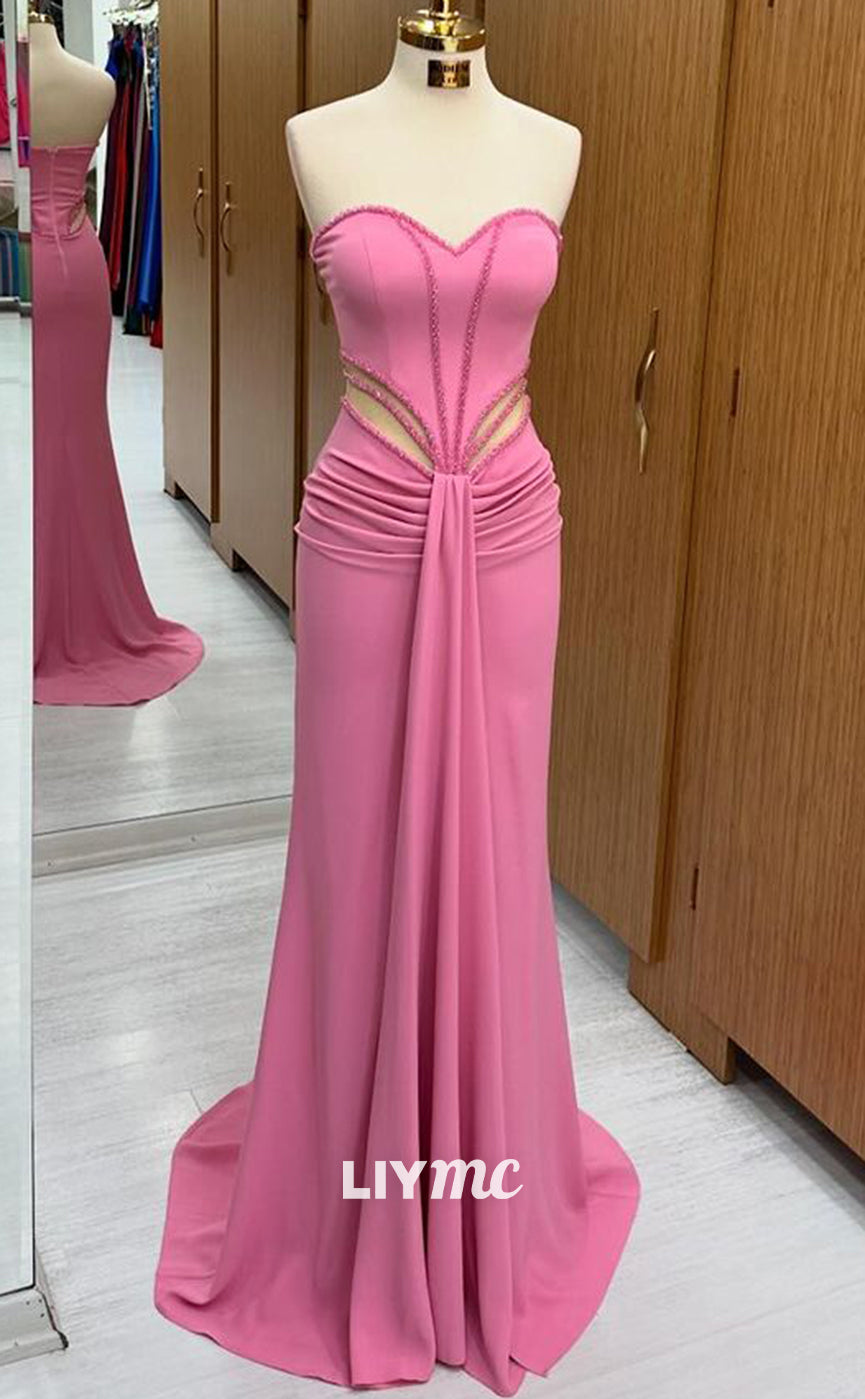 LP1340 - Cute Mermaid Colum  Strapless Pink Ruched Long Party Prom Dress