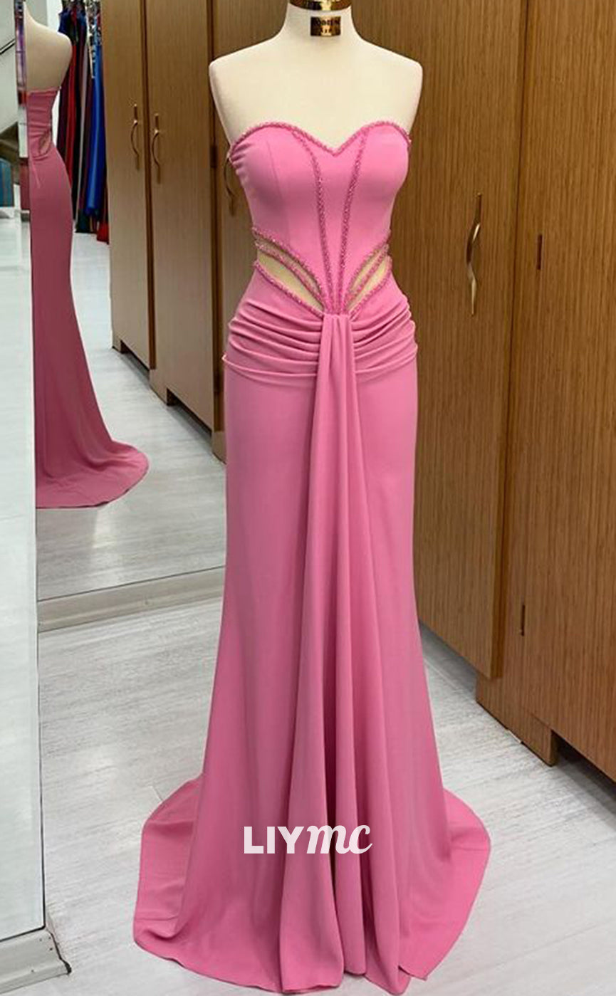 LP1340 - Cute Mermaid Colum  Strapless Pink Ruched Long Party Prom Dress