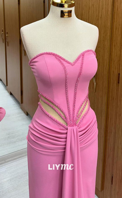 LP1340 - Cute Mermaid Colum  Strapless Pink Ruched Long Party Prom Dress