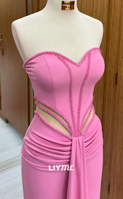 LP1340 - Cute Mermaid Colum  Strapless Pink Ruched Long Party Prom Dress