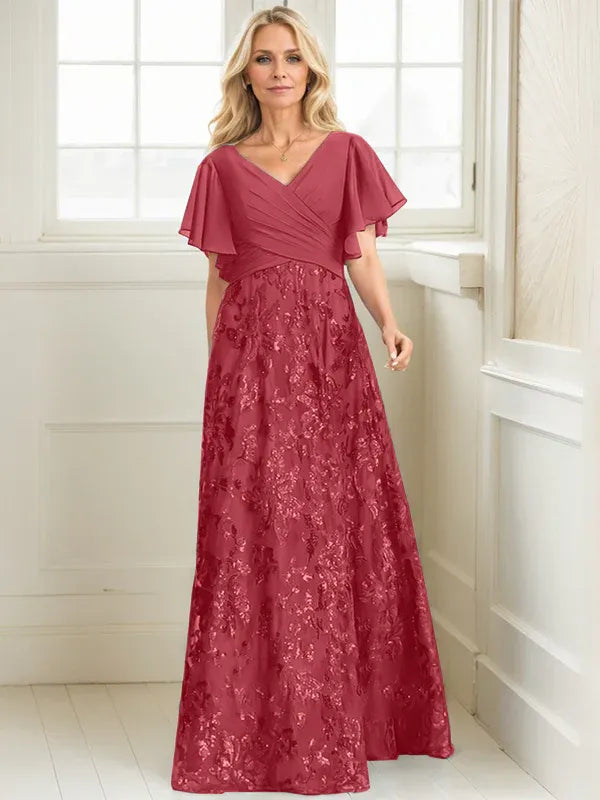 A-line V-Neck Floor-Length Lace Sequin Chiffon Mother of the Bride Dress With Pleated