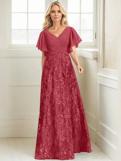 A-line V-Neck Floor-Length Lace Sequin Chiffon Mother of the Bride Dress With Pleated
