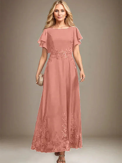A-line Scoop Ankle-Length Lace Chiffon Mother of the Bride Dress With Sequins