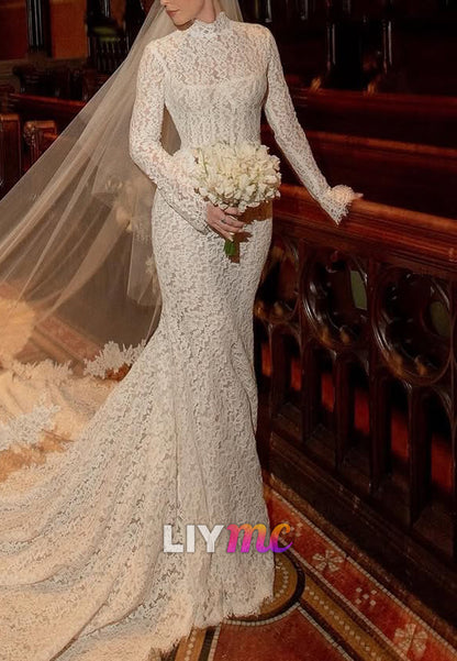 Classic High Neck Long Sleeves Appliques Mermaid Wedding Dress