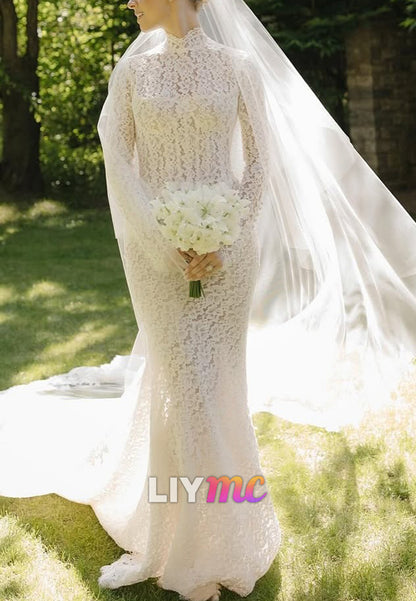 Classic High Neck Long Sleeves Appliques Mermaid Wedding Dress
