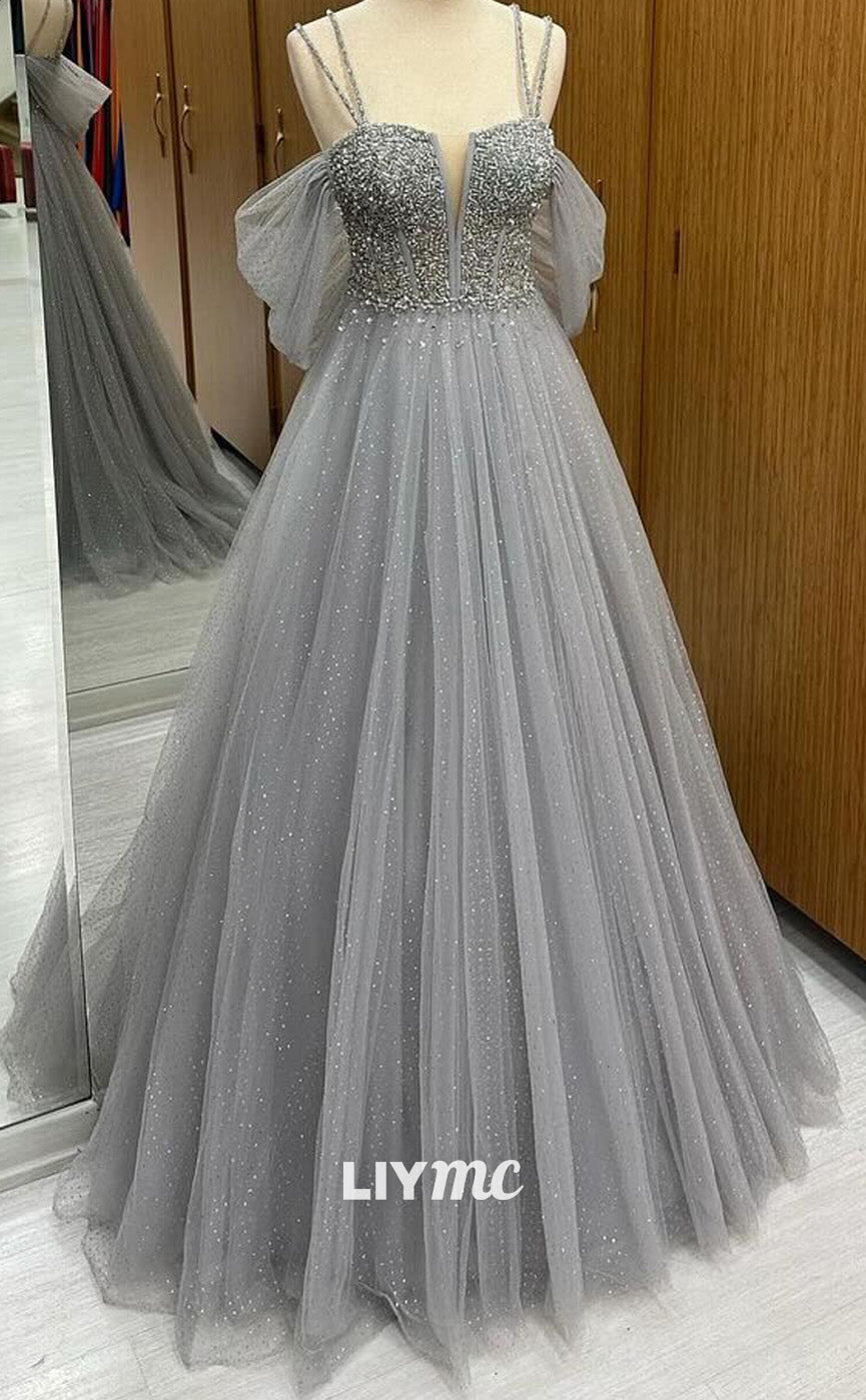 LP2242 - Cocktail Dress Off-Shoulder Appliques Beaded A-Line Ball Gown Prom Dress