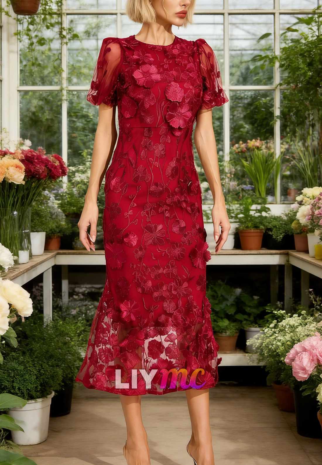 Cocktail Dress Quincy Red Flower Mesh Dress