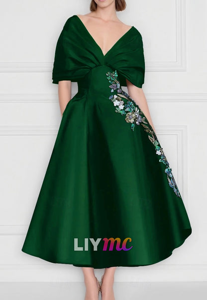 Cocktail Dresses Elegant Dress Formal WeddingOff Shoulder Satin with Floral Print Embroidery Pocket