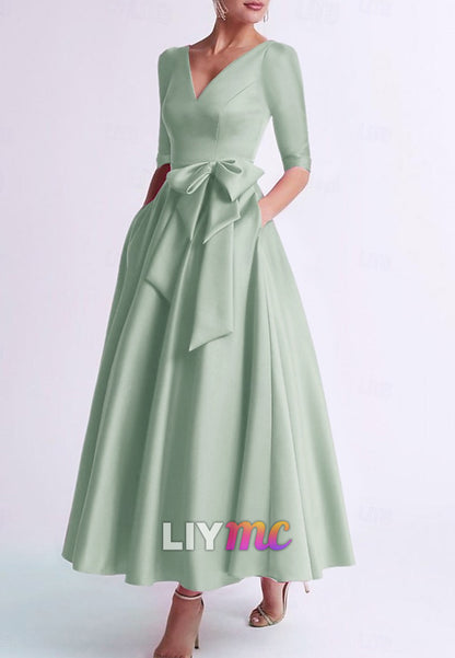 Cocktail Dresses Elegant Dress Wedding Guest V Neck Pocket Satin with Bow