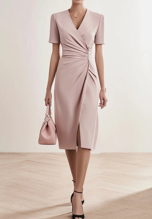 Cocktail Party Wrap Dress Pink V Neck Knee Dress